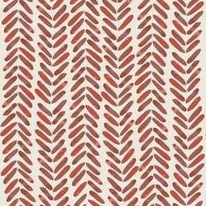 Herringbone chevron watercolor painted leaves vertical stripes on vines abstract pattern in rust red, terra cotta, auburn and vermillion earth tones