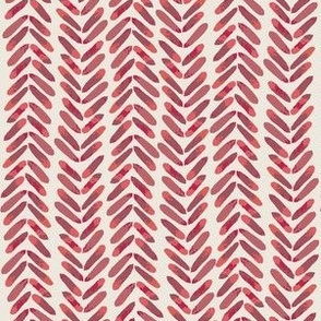 Herringbone chevron watercolor painted leaves vertical stripes on vines abstract pattern in red raspberry coral and terra cotta