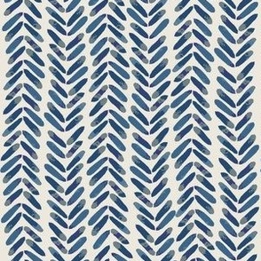 Herringbone chevron watercolor painted leaves vertical stripes on vines abstract pattern in cornflower blue denim