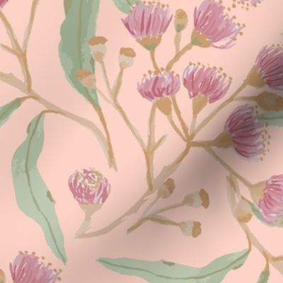 Tossed native Australian gum blossom in pink, green + peach