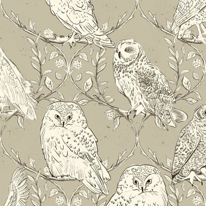 Branches and Vines woodland owls_Linen Taupe Gray_Large