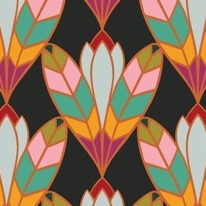 Art Deco Bloom | Summer Fiesta Night - Red Teal Pink Orange Black - Multicolor Bold Bright Nouveau Lotus Flower Dopamine Feather