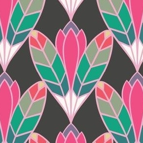 Art Deco Bloom | Summer Fiesta Night2 - Hot Pink Green Teal Black - Nouveau Lotus Flower Bright Bold Dopamine Feather