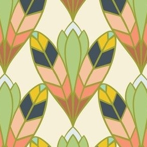 Art Deco Bloom| Summer Green Lagoon - Lime Avacado Forest Green Peach Nouveau Lotus Flower Bold Dopamine Feather