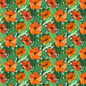 Tropical Hibiscus Vibes - Exotic Orange and Vibrant Green (Medium)