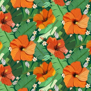 Tropical Hibiscus Vibes - Exotic Orange and Vibrant Green (Large)