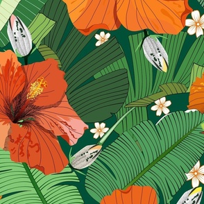 Tropical Hibiscus Vibes - Exotic Orange and Vibrant Green (Extra Large)