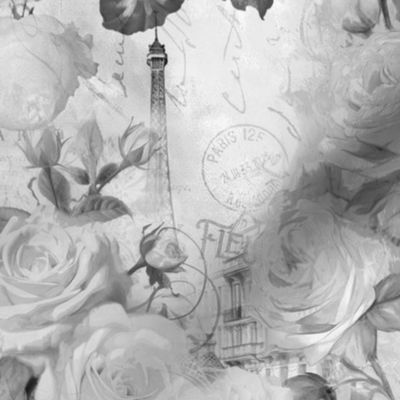 French Romance Vintage Paris Ephemera, Flowers And Script Design In Grey Scales