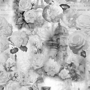 French Romance Vintage Paris Ephemera, Flowers And Script Design In Grey Scales