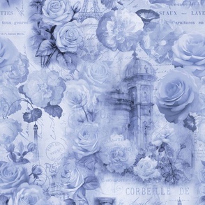 French Romance Vintage Paris Ephemera, Flowers And Script Design Pastel Blue
