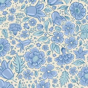 Scattered flowers and leaves in blue and green tones | large