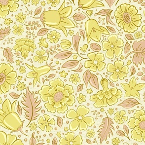 Scattered flowers and leaves in yellow tones | large