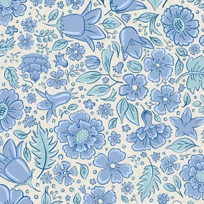 Scattered flowers and leaves in aqua tones | large