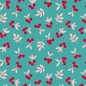 Little Cherry love garden fruit and leaves nursery design ruby red blush pink on teal