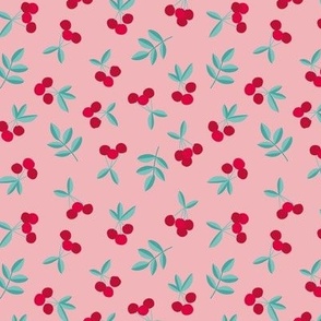 Little Cherry love garden fruit and leaves nursery design ruby red teal aqua blue on pink SMALL