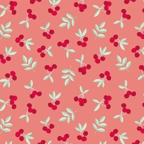 Little Cherry love garden fruit and leaves nursery design ruby red mint green on rose pink