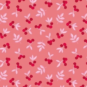Little Cherry love garden fruit and leaves nursery design ruby red pink on coral SMALL