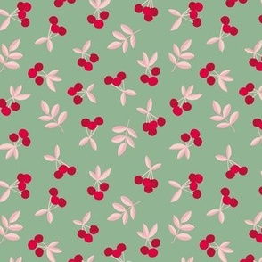 Little Cherry love garden fruit and leaves nursery design ruby red blush on olive green SMALL