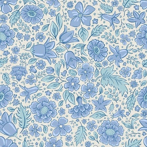 Scattered flowers and leaves in aqua tones on textured background | medium