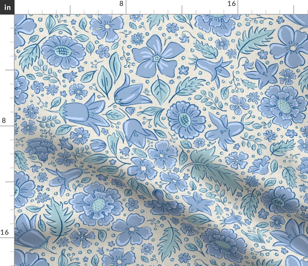 Scattered flowers and leaves in aqua tones on textured background | medium