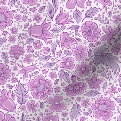 Scattered flowers and leaves in plum and grayish magenta | small