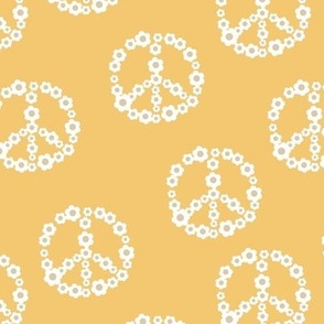 Flower power daisies peace sign - freedom icon floral wreath blossom vintage boho hippie design white on honey yellow