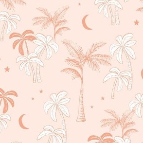 Midnight moon and palm tree jungle - vintage summer boho freehand illustration style beach and surf theme with stars blush orange peach SMALL