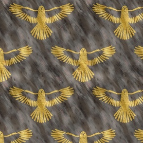 Golden hawk in flight on abstract falcon plumage
