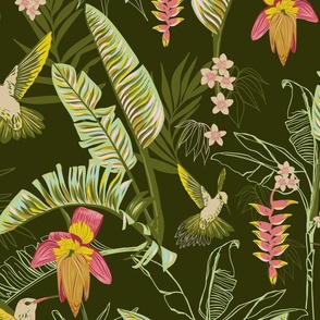 tropical lounge banana leaves and hummingbirds green