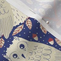 White owl hand-drawn with leaves and dots in blue wallpaper
