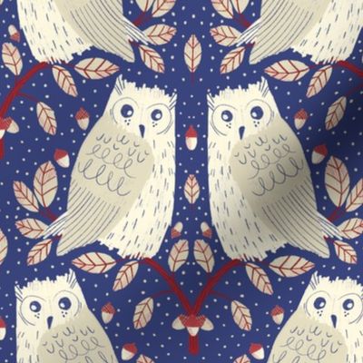 White owl hand-drawn with leaves and dots in blue wallpaper