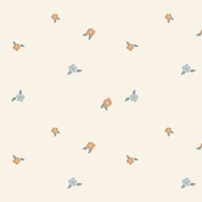 Small Ditsy scattered hand painted florals in cornflower blue and apricot on a vanilla cream background