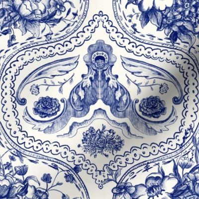 Medium scale Victorian china inspired delft blue floral ornamental pattern on cream