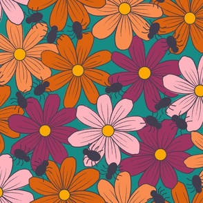 Large Autumn Daisies on Teal Green with Spiders for Halloween