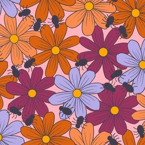 Large Autumn Daisies on Pink with Spiders for Halloween