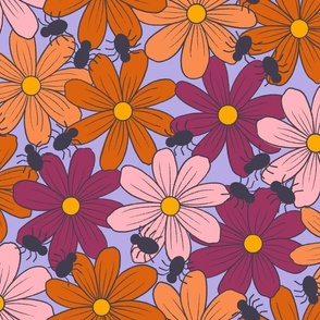 Large Autumn Daisies on Periwinkle Blue with Spiders for Halloween
