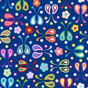 Paisley Rainbow Bugs and Flowers with Dots Navy