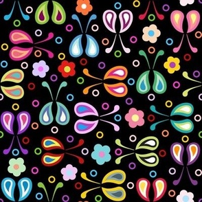 Paisley Rainbow Bugs and Flowers with Dots Double Black 