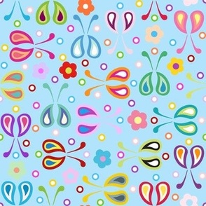 Paisley Rainbow Bugs and Flowers with Dots Light Blue