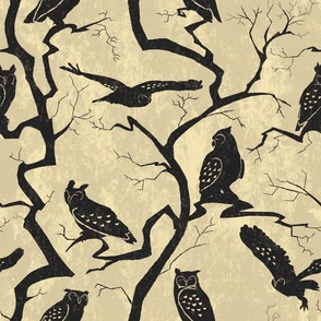 Silhouettes of Owls and Trees - Large-scale - Black and Yellow-tan