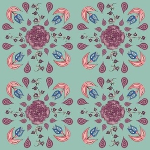 Hand-painted watercolor flower tile square sage artichoke mint green background with rose flower in violet plum purple with blue and pink tulips