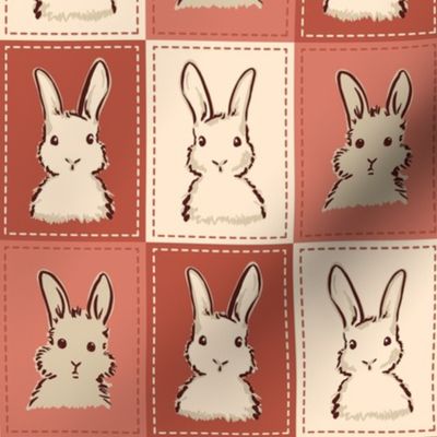 Patchwork bunny rabbit faces with quilt stitching in earth rust red and taupe eggshell vanilla white. Lei Flower and Peppery paint colors