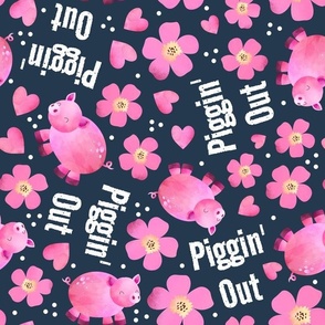 Large Scale Piggin' Out Pink Pigs and Flowers on Navy