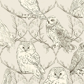 Branches and Vines woodland owls_Beige White_Large