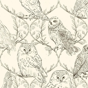 Branches and Vines woodland owls_Cream Ivory_Large