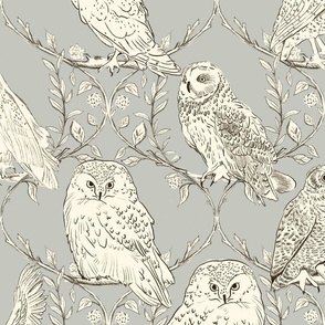 Branches and Vines woodland owls_Silver Gray_Large