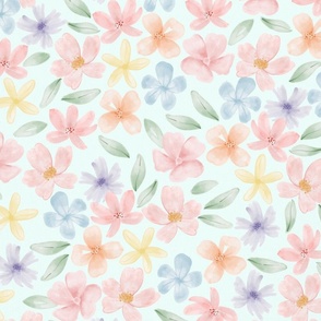 Bright watercolor flowers on light turquoise background