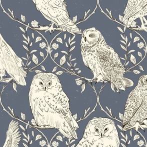 Branches and Vines woodland owls_denim blue_Large 