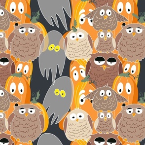 cute owls, funny pumpkins, and sweet ghosts for Halloween in dark background  - medium scale