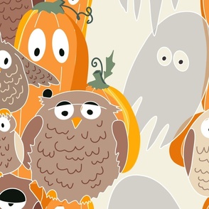 cute owls, funny pumpkins, and sweet ghosts for Halloween in light background  - large scale